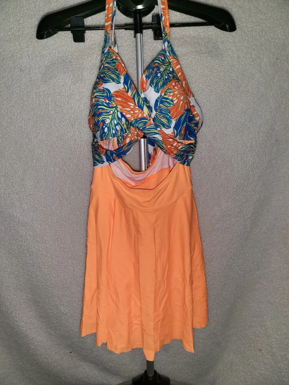 Women’s Orange Halter Swim Dress with Tropical Print Top